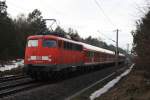 110 507 schob am 28.02.2010 den RE 14651 von Wolfsburg HBF nach Hannover Linden Fischerhof hier in Gifhron