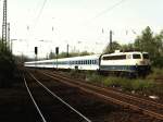 110 372-0 mit IR 2642 'Brocken' Leipzig-Aachen auf Bahnhof Viersen am 17-04-1997.