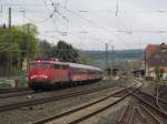 110 469-4 zieht am 27. April 2013 einen Sonderzug durch Kronach in Richtung Lichtenfels.