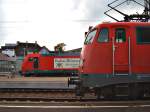 Eine unbekannte BR 110 & eine BR 146 am 27.06.06 im Knotenbahnhof Aalen. Was hier gut zu sehen ist, sind die  Schnauzen  der Loks. Die Altbau-Lok passt auch irgendwie nicht mit der mod. 146er zusammen. Ist ja auch nicht so schlimm, wenn der Scheren-Pantograph der 110er ein wenig abgeschnitten ist.