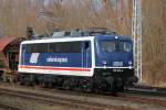 110 043-6 stand im Outfit der National Express Rail GmbH am 14.02.2014 im Bahnhof Rostock-Bramow Ziel der Reise soll Wurzen sein.