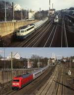 Der Bahnhof Wuppertal-Barmen Einst & Jetzt: Auf dem oberen Bild, das in der zweiten Hälfte der 1980er Jahre entstand, liefern sich 110 303-5 und eine unbekannte 111 ein Wettrennen, unten