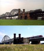 Die Rheinbrücke zwischen Düsseldorf und Neuss einst & jetzt: Oben hat eine 110.3 mit einem Eilzug Anfang der 1980er Jahre die Neusser Seite erreicht, unten der gleiche Blick 2010 mit einem