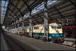 Abschied Intercity 1: Auch DB Museum 111 001-4 war am 10.10.2026 zur Abschiedsveranstaltung in den Hauptbahnhof der hessischen Landeshauptstadt gekommen.