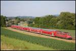 111 052 befrdert am Abend des 22.06.08 RE 4198 von Mnchen Hbf nach Stuttgart Hbf, aufgenonnem am Km 59,8 der Remsbahn (KBS 786) bei Mgglingen(b Gmnd).