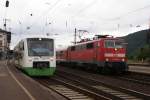 Schne Parralellausfahrt ;-) Am 18.07.2008 fahren in Gemnden 111 202-8 mit einer RB nach Schlingen,gemeinsam mit der EIB Schweinfurt Hbf ab 