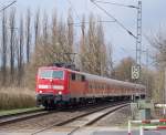 Einzug im Ersatzverkehr der Linie RE13 von Venlo kommend, fhrt in den Bahnhof Boisheim ein.