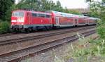 Am 17.6.2010 durchfhrt 111 151-7 Korschenbroich mit einer RE4 Einheit.