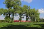 Eine 111 fuhr am 28.05.2013 mit einem RE von Oldenburg nach Emden, hier bei Nortmoor.