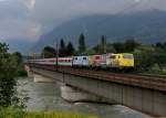 111 024 + 111 066 mit einem EC 82 am 11.08.2012 auf der Innbrcke in Brixlegg.