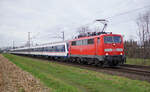 Lokomotive 111 158 am 04.02.2023 mit einem Sonderzug in Kaarst.