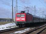 Februar 2002, BR 112 vor Interregio in Ferdinandshof (Mecklenburg-Vorpommern).