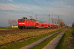 112 107 mit dem RE3 92514 (3314 Ersatz) nach Stralsund am 10.04.2023 in Groß Jasedow.