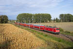 112 110 am Zuganfang und 112 115 am Ende des Zuges, fahren soeben den Bahnhof Trebbin ein.