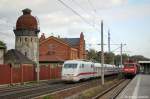 401 508-7  Lichtenfels  als ICE 873 von Berlin Ostbahnhof nach Basel SBB in Rathenow. In Rathenow steht die 112 189 mit dem RE2 (RE 37383) nach Cottbus. 07.10.2011