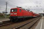 Hier 112 124 mit einem RE5 (RE18510) von Falkenberg(Elster) nach Stralsund Hbf., dieser Zug stand am 12.7.2014 in Flakenberg(Elster).