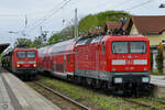 Zusammentreffen der aus beiden Fahrtrichtungen kommenden RE5-Züge (gezogen von 114 040 gezogenen und geschobenen von 112 188) am Hauptbahnhof Neustrelitz.