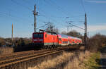 DB 112 187 am 04.03.2023 mit dem RE3 3310 nach Stralsund Hbf am Abzweig Srg aufgenommen.