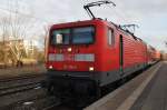 Hier 112 116-9 mit einem RE3 (RE18353) von Schwedt(Oder) nach Elsterwerda, dieser Zug stand am 6.2.2014 in Schwedt(Oder).