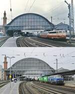 Nicht allzuviel getan hat sich zumindest baulich in den vergangenen 32 Jahren im Bremer Hauptbahnhof. Geändert hat sich allerdings der Zugverkehr: Auf dem oberen Bild vom Juni 1990 verlässt die 112 266-2 den Hauptbahnhof mit einem IC, darunter durchfährt ihn am 27.11.2022 225 082-8 mit einem Containerzug. Die mächtige Bahnhofshalle beherrscht immer noch das Bild, während die Formsignale der Vergangenheit angehören. Die 112 266-2 wurde am 23.11.1962 als E 10 1266 in Dienst gestellt und gehört zu den für den Rheingold vorgesehenen Loks, die mit Schnellfahrdrehgestellen und Getrieben für bis zu 160 km/h ausgerüstet waren. Ursprünglich kobaltblau/beige lackiert, erhielt sie ihr neues Outfit in purpurrot/beige am 14.04.1965, das sie bis zu ihrer Ausmusterung am 30.04.2001 behielt. Die etwas jüngere 225 082-8 steht dagegen noch heute bei der EGP im Dienst. Abgenommen wurde sie von der DB als 215 082-2 am 22.02.1971 und am 20.03.2001 umnummeriert. 