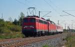 113 309 befrderte am 03.10.13 den PbZ 2466 von Leipzig nach Berlin. Mit 120 152 als Wagenlok rollt die Bgelfalte durch Greppin Richtung Dessau.