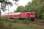 114 039-1 verl�sst mit dem RE3 am 13.07.2007 den Bhf.Waldrehna Richtung Elsterwerda.