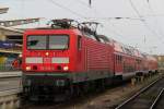 Berlin, wir fahren nach Berlin hie� es am 29.04.2012 114 033-4 mit dem Fu�ballsonderzug von Rostock Hbf nach Berlin Sch�nefeld Flughafen kurz vor der Ausfahrt im Rostocker Hbf 