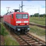 114 032 hier abgestellt auf dem Rbf Cottbus, Aufgenommen aus Zug am 01.08.07 in Cottbus.