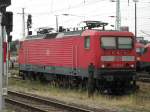 Sofort entdeckte ich 114 003-7, als ich mit dem Regionalexpress aus Dresden angekommen war. Interessanterweise fiel mit mir die Zugzielanzeige auf. Cottbus Hbf, 22.07.2010