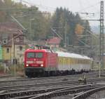 114 501-0 steht am 26. Oktober 2012 mit einem Messzug in Kronach.