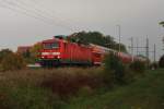 Hier 114 026-8 mit einem RE3 (RE18355) von Schwedt(Oder) Hbf. nach Elsterwerda, am 9.10.2013 zwischen Vierradener Chaussee und Helbigstraße in Schwedt(Oder). 