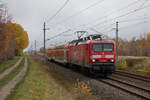 DB 114 005 am 13.11.2022 mit ihrem RE7 Greifswald - Stralsund in Teschenhagen aufgenommen.