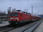 114 038 bespannte auch am 06.April 2011 den RE 13014 von Sassnitz nach Rostock,beim Halt in Bergen/Rügen.