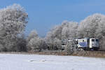139 312 Lokomotion macht sich besonders hübsch mit den Farben weiß-blau. Skoda Autozug von München Richtung Rosenheim mit den fein mit Reif gezuckerten Spitzen der Bäume am 23.01.2026 bei Zorneding.