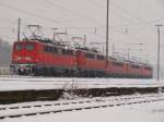 Bei Frost und Schnee auf dem Westbahnhof Aachen abgestellte 139er,140er und 155er.Die Bgel sind hochgefahren um das Einfrieren zu verhindern.