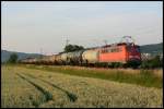 140 681 zieht am 18.06.2008 eine Sonderleistung aus Kesselwagen bei Grosachsen-Heddesheim Richtung Sden.
