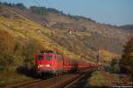 140 649 bringt am Nachmittag des 25.10.08 einen Selbstentladewagen-Ganzzug durchs Maintal in Richtung Gemnden, aufgenommen bei Gambach am Km 29,2 der KBS 800.