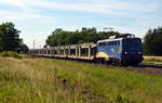 140 870 der EVB schleppte am 21.06.17 einen leeren Autozug von den Nordseehäfen kommend durch Jütrichau Richtung Roßlau, Ziel des Zuges ist der BLG-Standort Falkenberg(Elster).