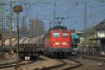 140er Tandem, 140 850-9 und 140 791-5 stehen am 27.03.2011 abfahrbereit vor einem gemischten Gterzug in Aachen West.