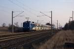 140 866-5 evb Logistik mit einem BLG-Autologistikzug in Demker und fuhr in Richtung Salzwedel weiter.