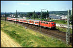 Die schiebende 141251 erreicht hier am 28.7.2004 mit ihrem RE aus Münster den Bahnhof Lengerich in Westfalen.