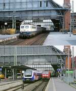 Zeittypisch sind die beiden Vergleichbilder vom Bremer Hauptbahnhof im Juni 1990 und am 27.11.2022: Oben die 141 333-5 mit einem Nahverkehrszug, darunter treffen sich der ET 440 222 der Nordwestbahn