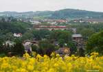 Blick ins Saaletal und das Spitzbogenviadukt bei Hof Unterkotzau am 25.05.2016. Ein RE 3 mit Dosto und 143er Ellok passiert grade die Brücke. Das Wetter war suboptimal, aber das störte den Raps (oder ist das Senf-Saat?) am Wegesrand nicht...