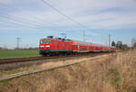 143 242 am 13.04.2023 mit dem RE3 3309 Stralsund - Luckenwalde, in Andershof.
