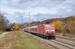 143 057 im Sandwich mit RB 19323 nach Ulm.Aufgenommen in Gingen/Fils am 4.11.2010