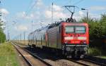 143 595 verlsst mit einer RB nach Eilenburg am 04.08.12 Landsberg Sd.