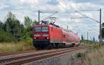 143 917 bespannte am 10.08.14 eine auf zwei Wagen geschrumpfte RB von Leipzig über Dessau nach Wittenberg.