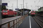 Seltenes Treffen am 30.07.2014 zwischen der Freiburger 143 364-8 und einer RB (Neuenburg (Baden) - Freiburg (Brsg) Hbf) und 143 350-7 mit einer RB (Offenburg - Schliengen) in Müllheim (Baden).