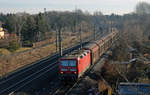 143 019 rollt am 04.02.17 mit einigen Schiebewandwagen durch Borsdorf Richtung Engelsdorf.