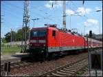 143 254 vor RB 28150 fhrt gerade in den Endbahnhof Falkenberg/Elster ein.